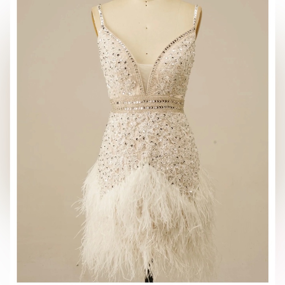 Boutique beaded and feathered Homecoming Dress